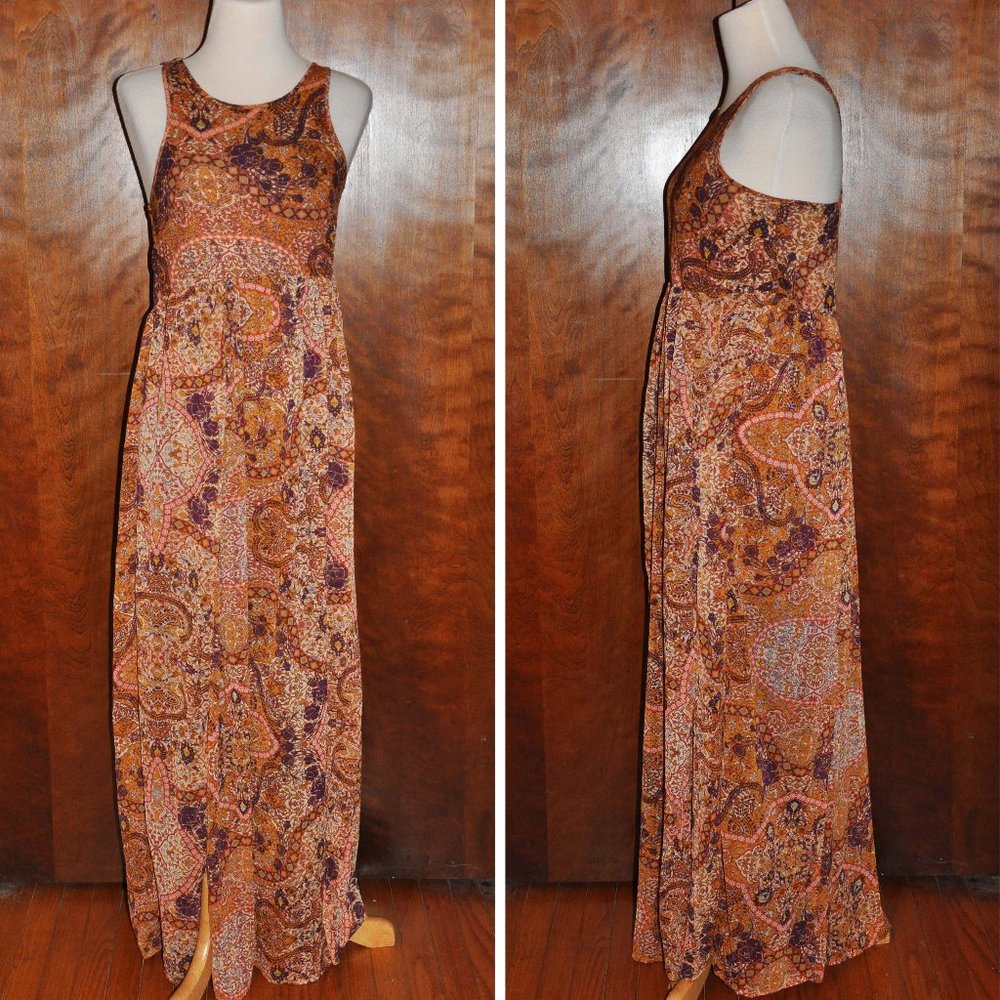 Xhilaration Rust Cream & Purple Chiffon Maxi Dress With Four Slitted Panels
